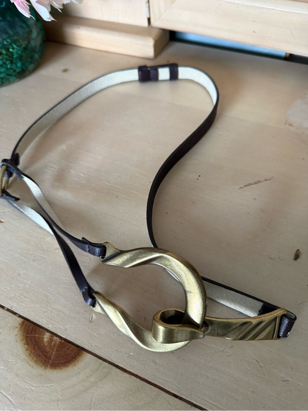 Gold Metal Twist Buckle Belt with Brown Leather - Women Accessories